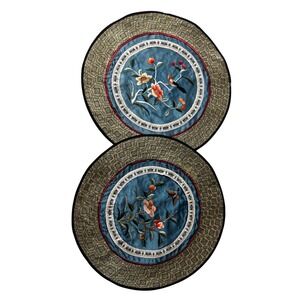 Vintage Chinese Silk Embroidered Round Wall Panels Blue Floral Bird Pair 10"